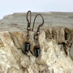 Artisan Sterling Silver 925 Dainty Hematite Beaded Dangle Earrings Rope Hook